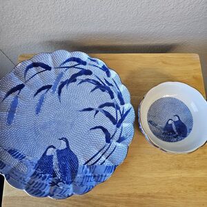Arita Blue Chinese Quail Fine Porcelain Set Large Charger Plate and Serving Bowl